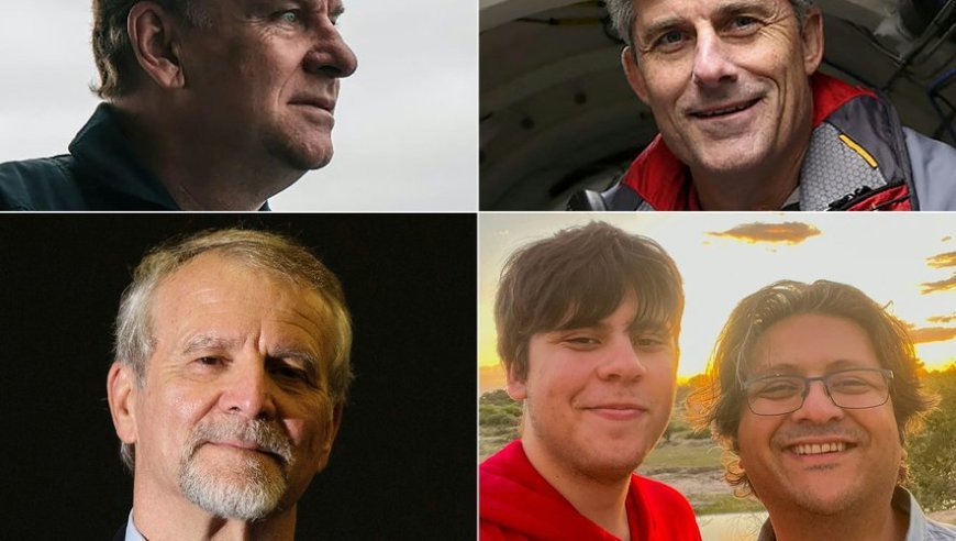 De gauche &agrave; droite et de haut en bas. Hamish Harding, Stockton Rush, Paul-Henri Nargeolet, Suleman et Shahzada Dawood.